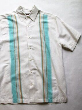 CENTO BRAND White w/Turquoise 55% Linen 45% Cotton - Size M - SS Cabana Shirt